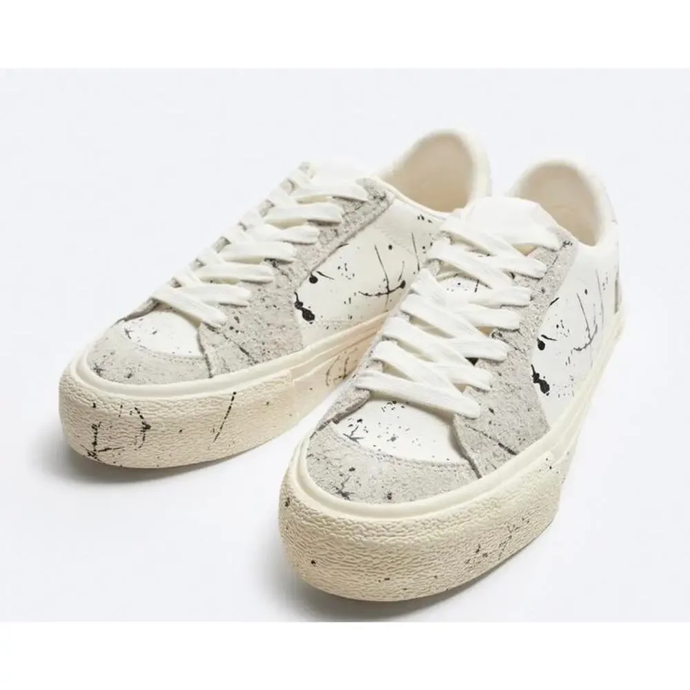 Zara Men's White and Black Leather Painted Sneakers - size 8 - I5